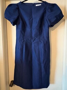 Rickie Freeman for Teri Jon Navy Puff-Sleeve Jacquard Sheath Dress 6